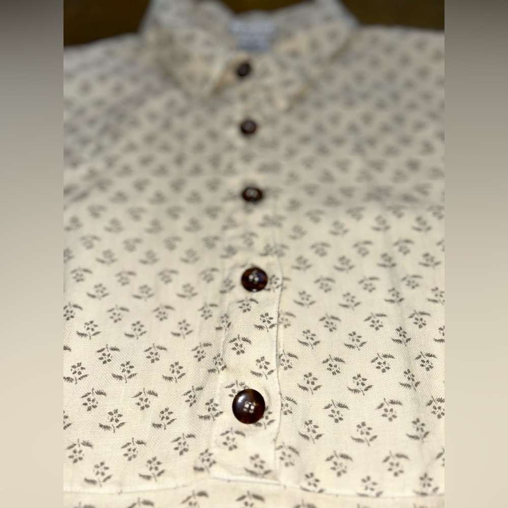 BOHEMIA Sleeveless Cream and gray Patterned Dress Button up collard Retro Linen - Picture 4 of 13